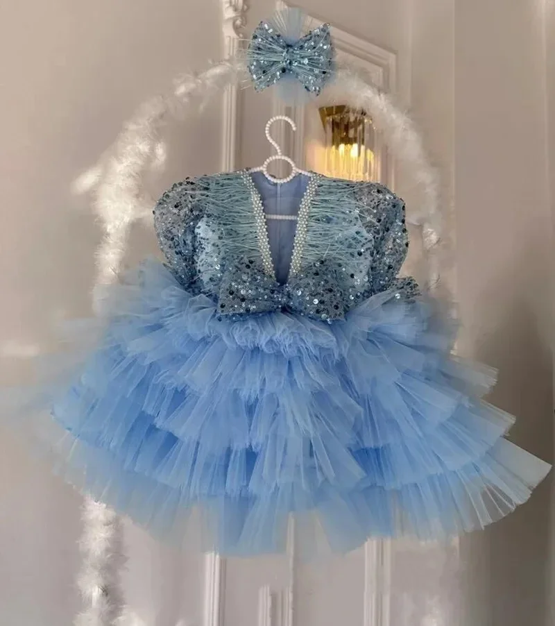 Geschwollene gestufte Blumen mädchen Kleid Tüll Pailletten Langarm knielangen Bogen Festzug Ballkleid Feder Baby Kinder Geburtstags feier Kleid