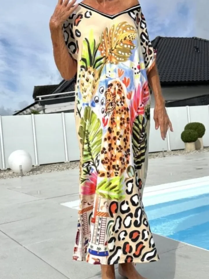 여성용 패션 프린트 루즈 드레스 캐주얼 반팔 브이넥 풀오버 드레스 여성 보헤미안 휴가 비치 스커트 로브 여성 의류