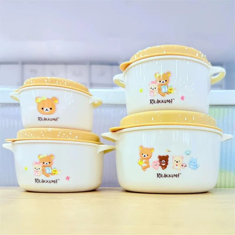 Cute Rilakkuma Round Lunch Box Sealed Portable Bento Box with Heat‑Resistant Handles Multi‑Capacity Container for Picnic Gift