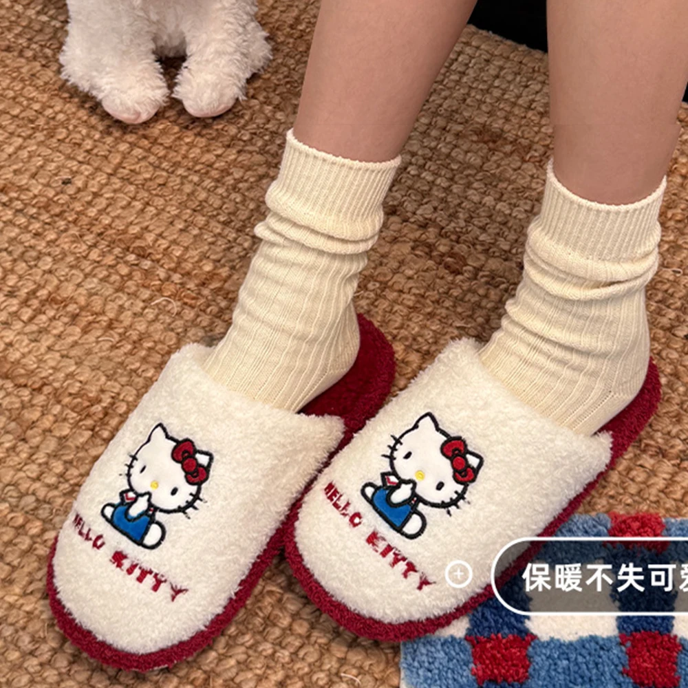 

Новые хлопковые тапочки с рисунком «Hello Kitty», женские осенне-зимние тапочки в стиле аниме, теплые удобные бархатные домашние домашние кавайные тапочки