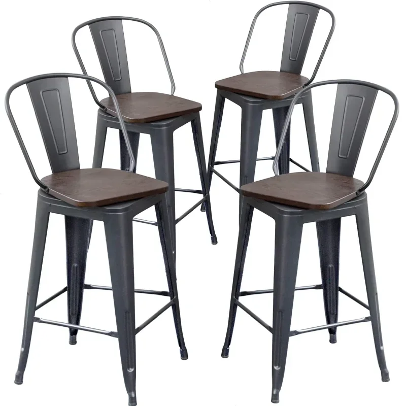 Swivel Metal Bar Stools Set, Altura do contador com cadeiras traseiras, Assento de madeira 2, 4