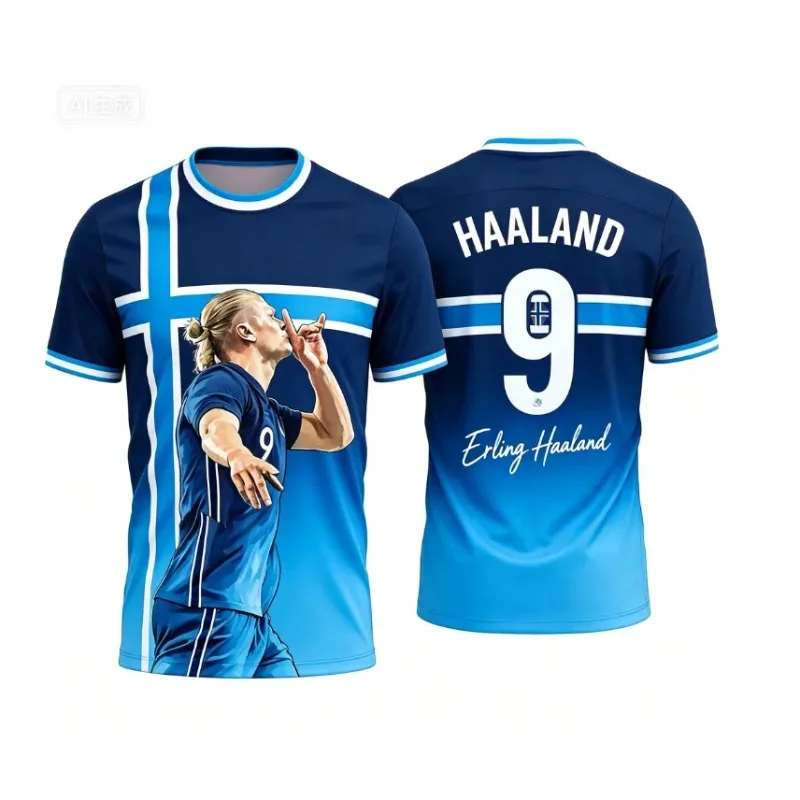 Erling Haaland #9 Men's Norway Short Sleeve Football T-Shirt, 3D Printed With Norway Flag And Haaland Portrait