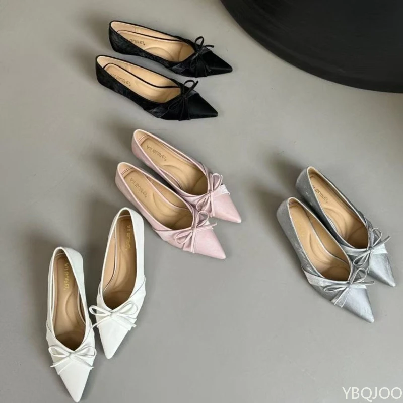 春秋の新作多用途でおしゃれなポインテッドハイヒールエレガントでシンプルなレディースシューズ蝶結び快適なローヒール