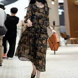 Spring Summer 2023 Women's Clothing Loose A-line Vintage Printing Round Neck Lacing Short Sleeve Casual Middle Length Dresses