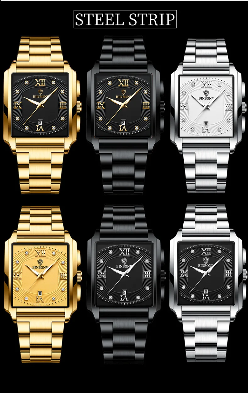 Relógios de pulso masculino de aço inoxidável Golden Square Quartz, Relógio masculino, Relógio esportivo de prata, Top Luxo