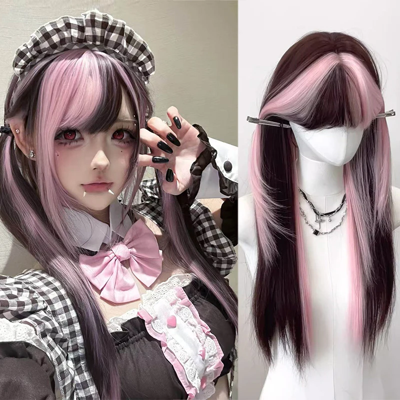 [Peach Mist Twins] Wig Female Long Straight Hair Japanese Lolita Double Ponytail Black Pink Crossdye Full Headset