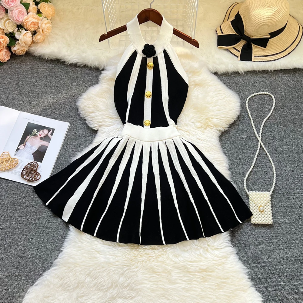 YuooMuoo marka moda seksowna sukienka z dzianiny z odkrytymi plecami, wiązana na szyi, damska elegancka biała i czarna patchworkowa wąska talia plisowana sukienka na imprezę