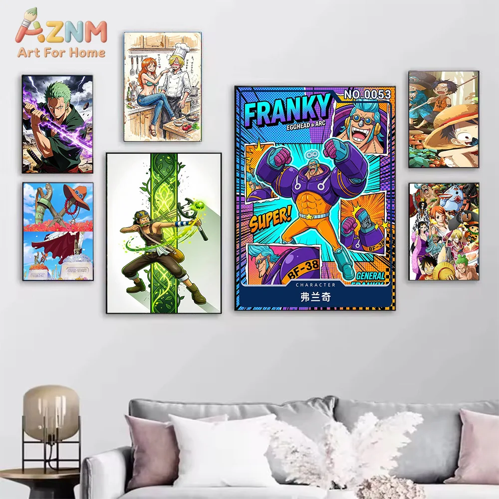 AZNM One Piece Anime Canvas Wall Art Shanks Jinbe Roronoa Zoro Usopp Franky Sanji Nami HD Print Frameless Wall Art Painting Japa