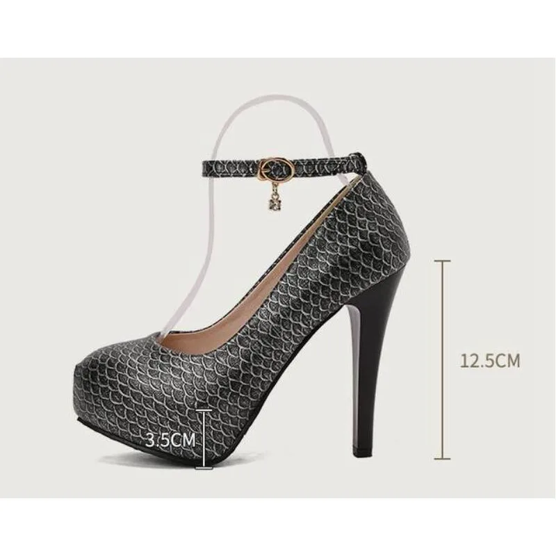 

ORCHA LISA Summer Punk Sexy Women Pumps Round Toe 12.5cm Strange Heels 3.5cm Platform Ankle Strap Buckle Gold Silver Size 48 50