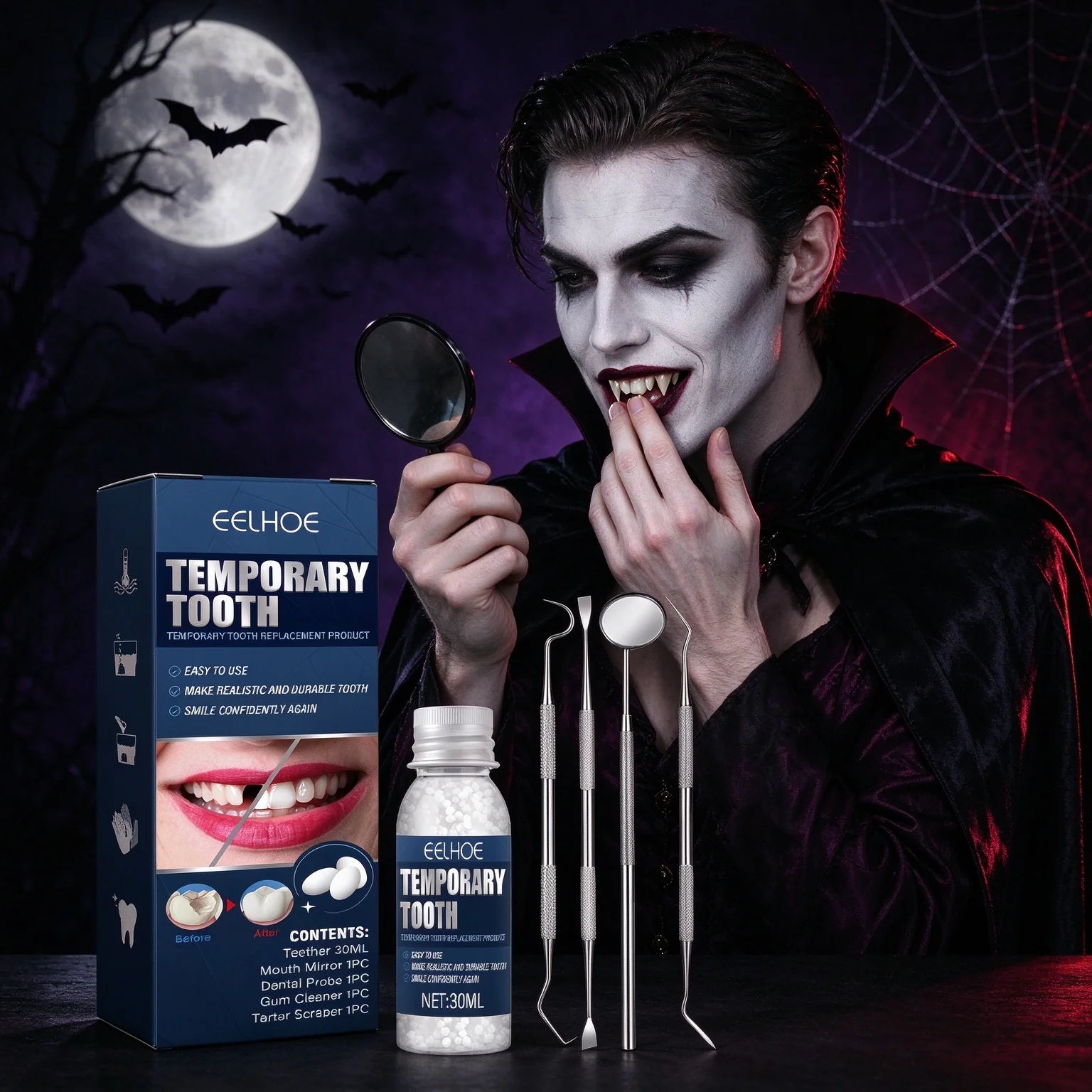 Temporary Tooth Repair Kit Halloween Vampire Cosplay Teeth Adhesive Beads with Dental Tools Set Party Makeup False Teeth Prop