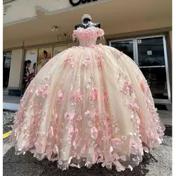 Customized Elegant Pink Ball Gown Quinceanera Dresses 2023 Sweetheart Flowers Lace Appliques Beading Vestidos De 15 Años YQD190