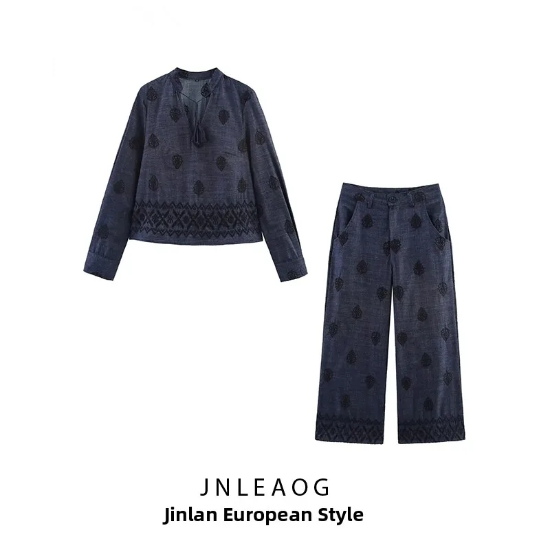 JNLEAOG Herfst Nieuwe vrouwen Wijde Pijpen Broek Geborduurde Bal Decoratie Top Ademend Polyester Lange Sve V-Ne irt