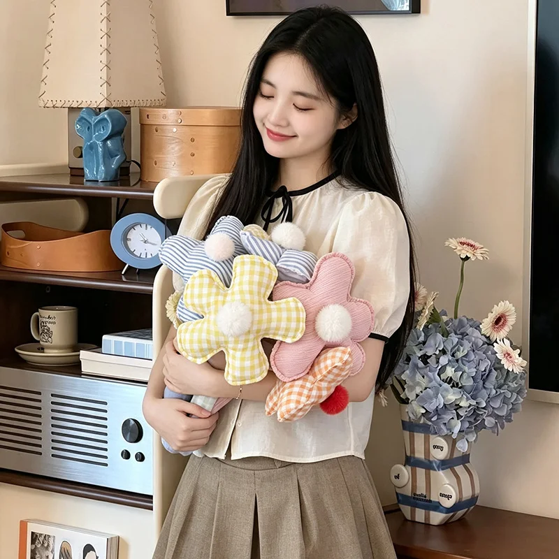 Stuffed Flower Blue Yellow Gingham Flowers with Pom Pom Centers Red Floral Style for Living Room Decoration Display