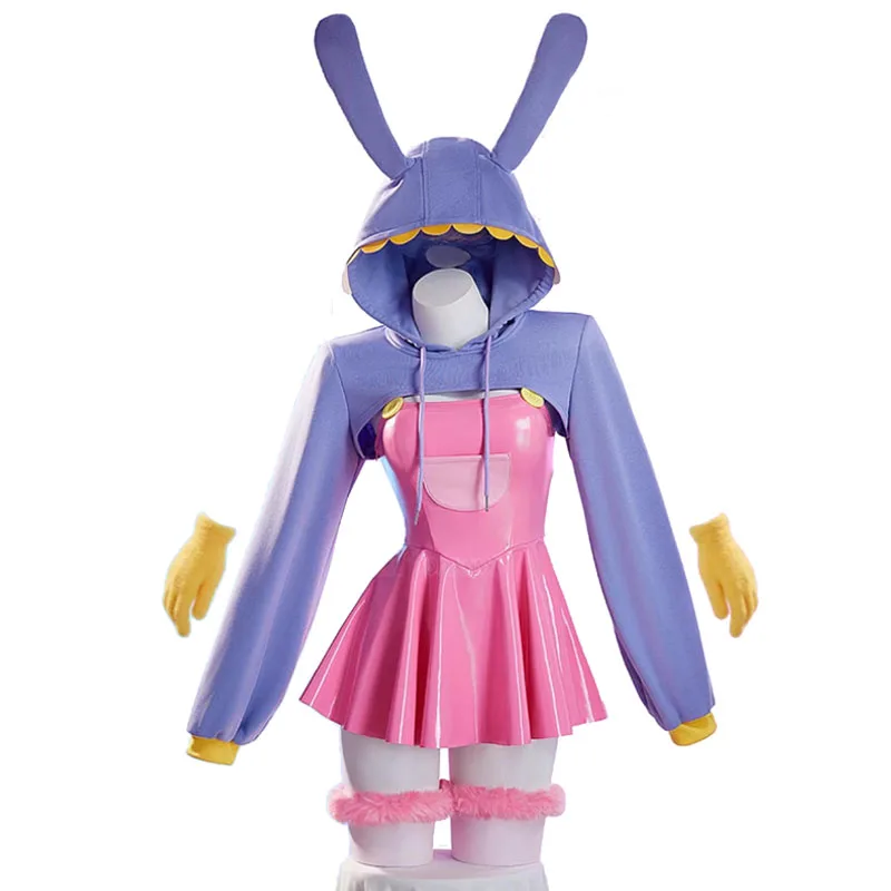 

Bunny Girl Jax Cosplay Costume Women Cute Hooded Hoodies Leather Dress Long Rabbit Ears Uniform Halloween Carnival Party Clothes