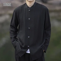 Chinese Style Plus Size Long Sleeve Shirts For Men Vintage Tai Chi Kung Fu Thin Coat Spring Autumn Simple Black Top Male