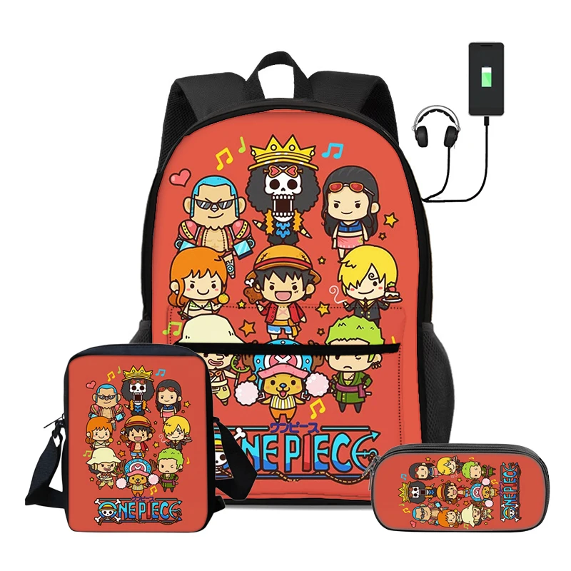 ONE PIECE Monkey D. Luffy Rucksack 3 Pcs Set Child Backpack with Shoulder Bag Pencil Bag Bags for Boys Girls Best Gift Knapsack