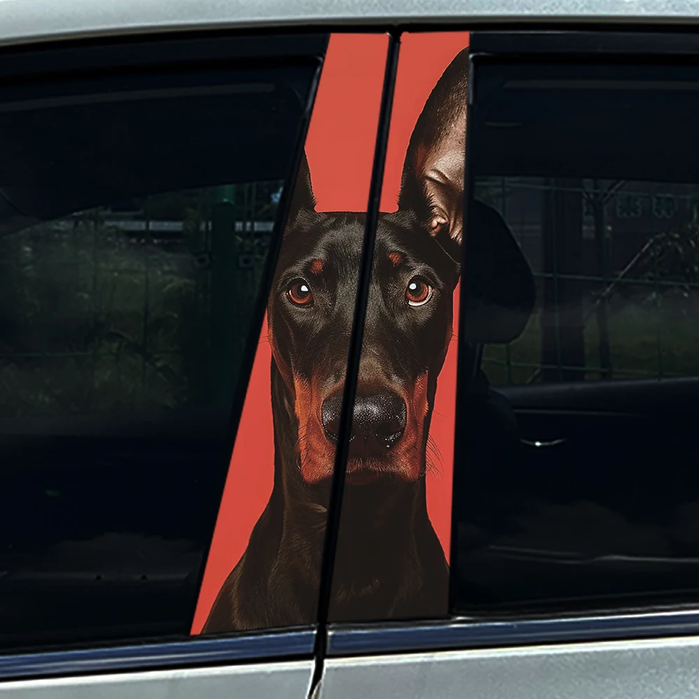 2PCS Doberman Dog Car B Pillar Stickers, Red Background Design, Waterproof Vinyl Window Decals, Scratch Cover Protector