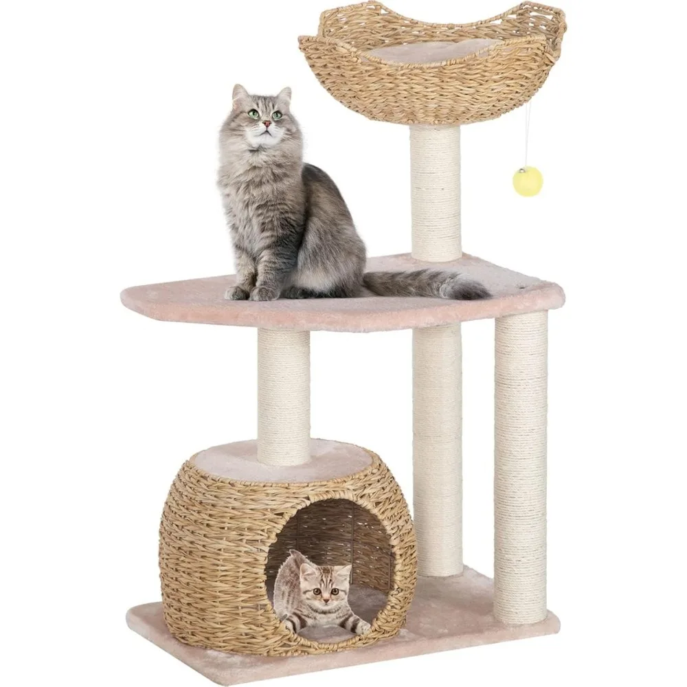 

Modern Wood Tree for Indoor Cats, Multi-Level Boho Cat Tree with Natural Sisal Scratching Post, Cat Tree Tower for Large
