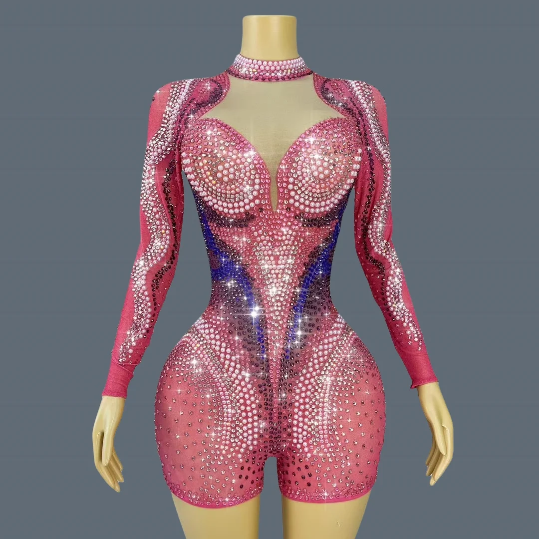 Full Rhinestone Tight Fitting Sparkly Playsuit High-quality Bodysuit Event Celebrate Party Stage Performance Wear Caomeixiong