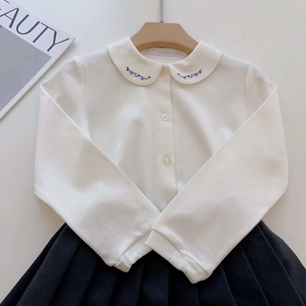 

Autumn kids girls clothes baby tops Student style flower embroidery doll collar White base shirt Girl's base shirt