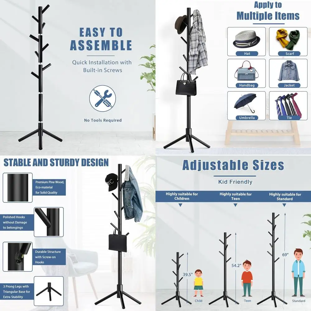 

8-Hook Pine Coat Rack Stand, Adjustable Tree Design for Easy Assembly, Perfect for Entryway, Hallway, Bedroom, Office