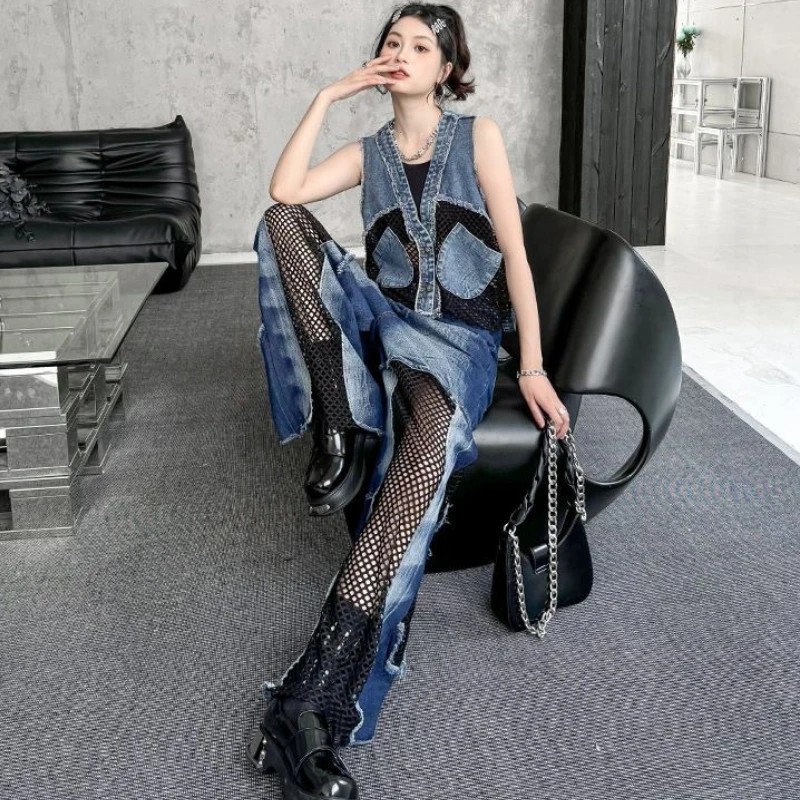 Vintage V-neck Denim Vest Patchwork Mesh Women Y2k Clothes Summer Sleeveless Slim Tank Top Harajuku Button Cropped Jacket Tank