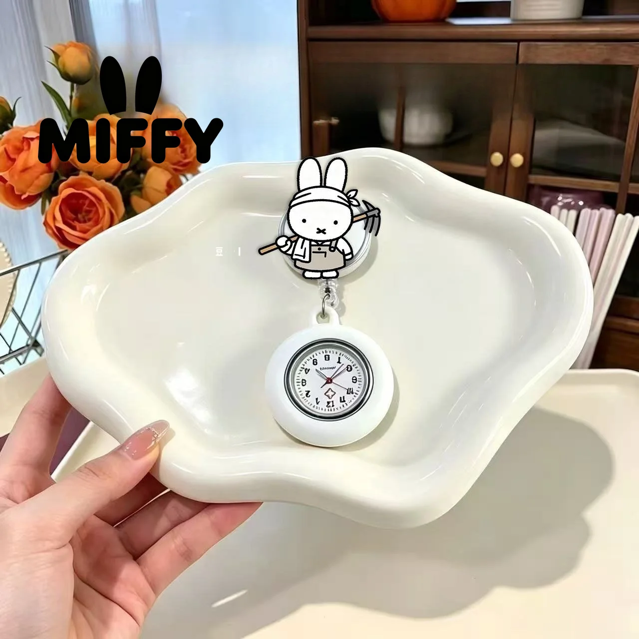 Cute Miffy Bunny Pocket Watch Cartoon Rabbit Retractable Clip-On Clock Kawaii Portable Lapel Watch Gift for Students Nurses view 3