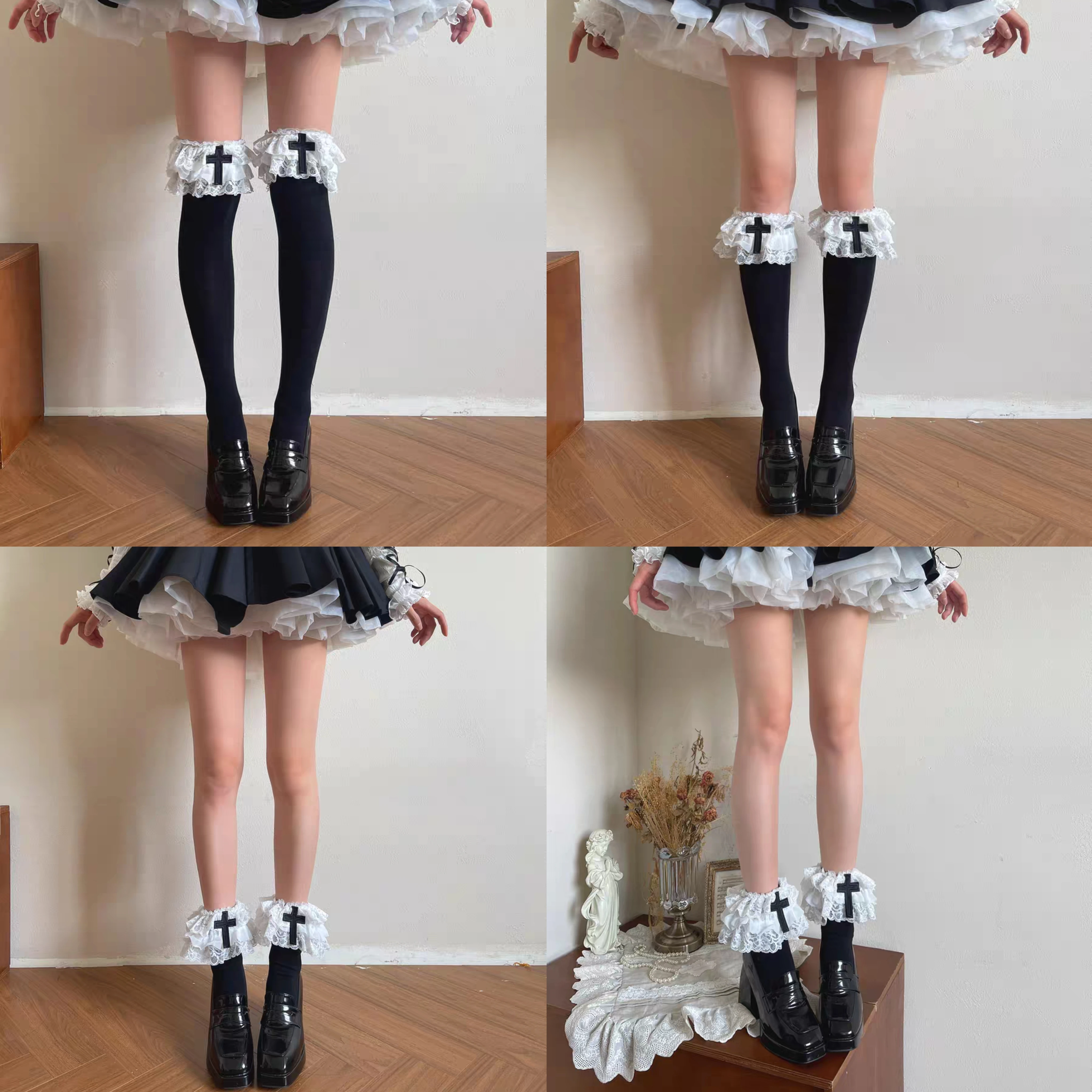 

Милые хлопковые чулки с многослойным кружевным крестом и рюшами, носки средней длины Y2K Lolita JK, женские студенческие носки