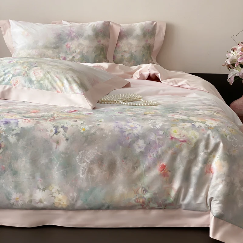 600TC Egyptian Cotton Digital Printing Flowers Luxury Bedding Set Duvet Cover Flat/Fitted Bed Sheet Pillowcases 4Pcs
