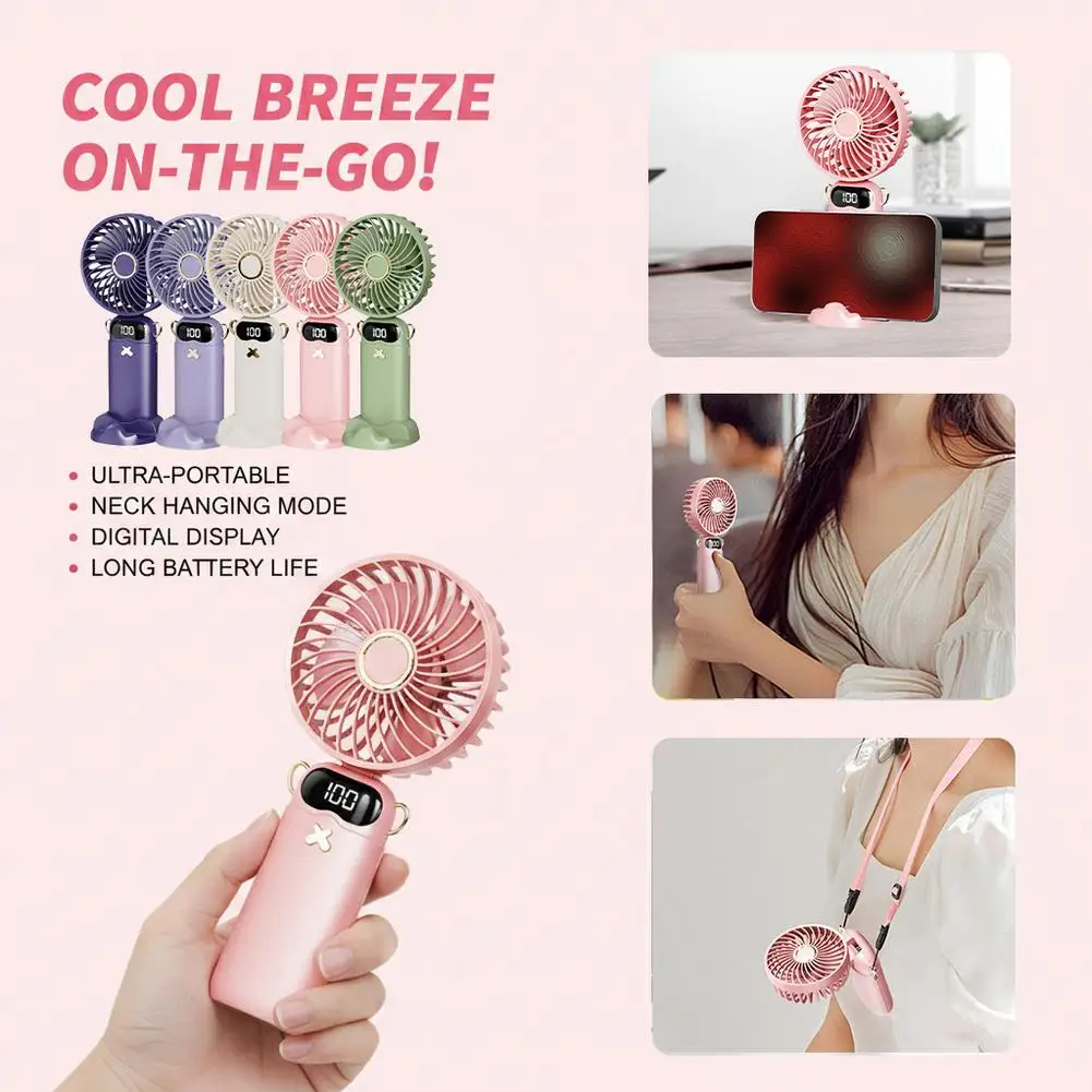 3600mAh Portable Handheld Fan 6 Speeds USB Rechargeable Mini Fan with Digital Display Foldable Neck Fan
