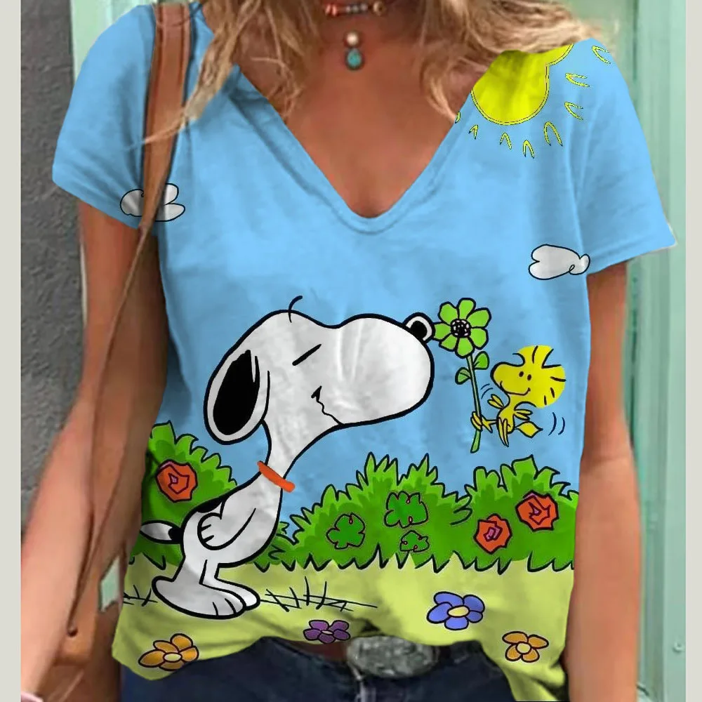 2024 Top Women Snoopy cartoon print Women\'s T-Shirt Oversized T-Shirt Summer Women Clothing V-neck T-shirts Female Fashion