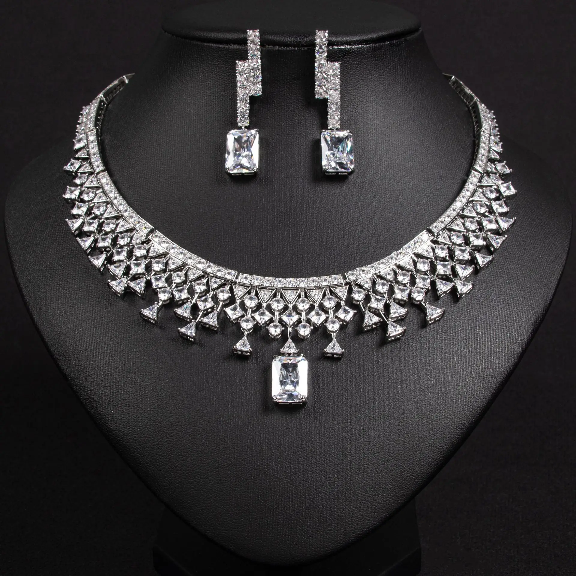 Luxury stereoscopic triangle simple summer yellow jewellery necklace earrings set holiday party prom wedding women gift M-378