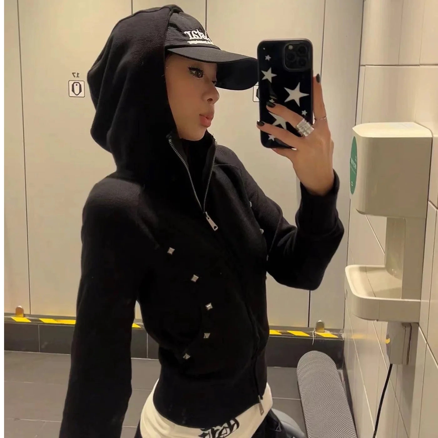 Gray Zipper Slim Fit American Retro Rivet Short Jacket Women's Design Sense Grey Open Cardigan Sweatshirt Trendy