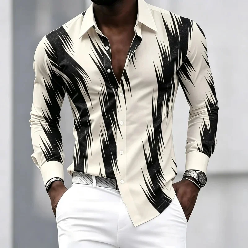 Men's shirt contrasting abstract vertical stripe long sleeved top slim fit collar casual shirt personalized collar shirt XS-6XL