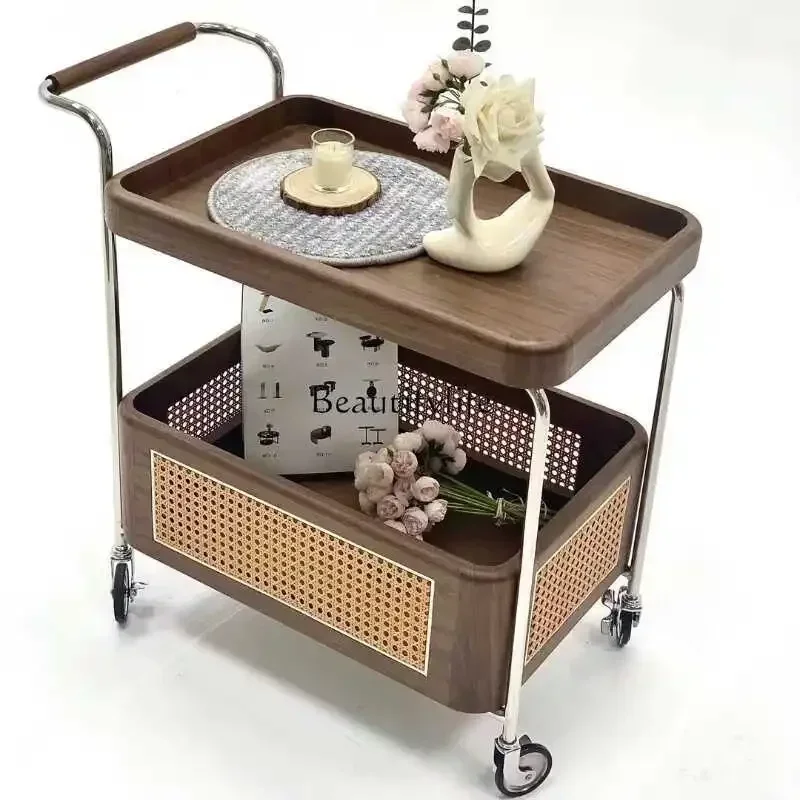 

ld25Wabi Sansan Nordic solid wood edge few black walnut storage trolley rattan storage side cabinet