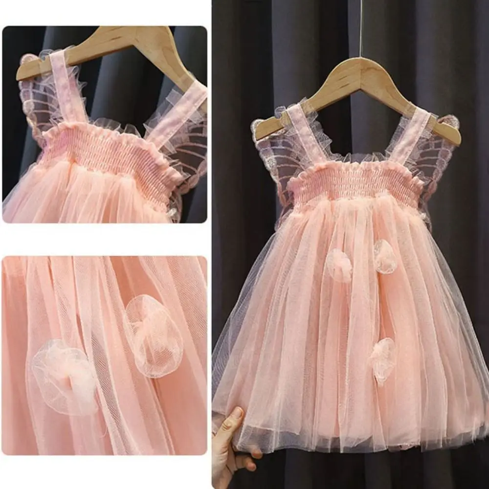 فستان أنيق برباط للفتيات الصغيرات بدون أكمام من الدانتيل فستان بناتي فقاعي بتصميم جديد غير رسمي على شكل جناح فراشة للأطفال