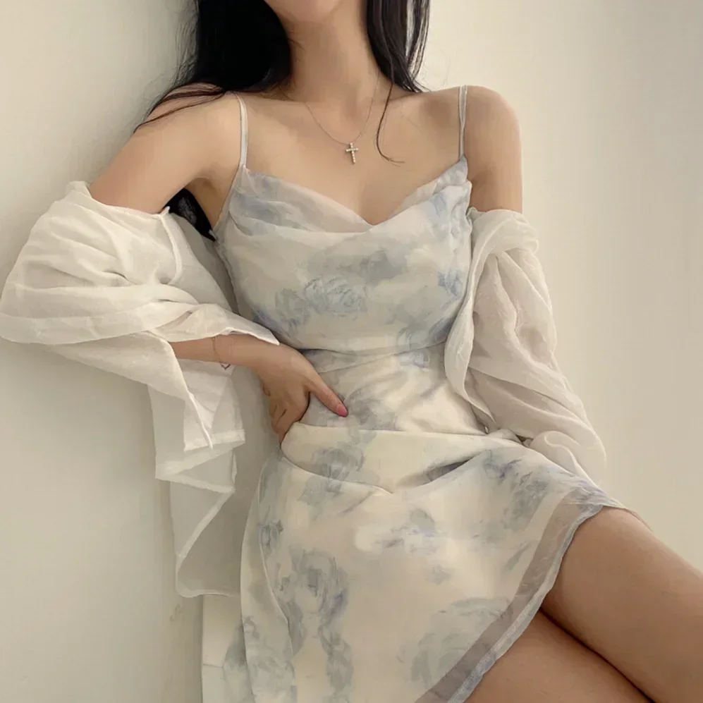 Pop Fashionable Chiffon Suspender Summer Dress Korean Chic Temperament Fresh Ink Painting Print Hollowed Out Backless Dress