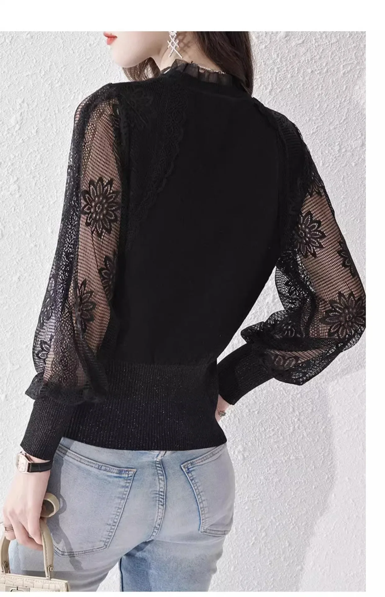 Women Sweater Lace Sleeve Patchwork Korean Fashion Style Clothes Casual Solid Color Loose Spring Autumn Knitwear