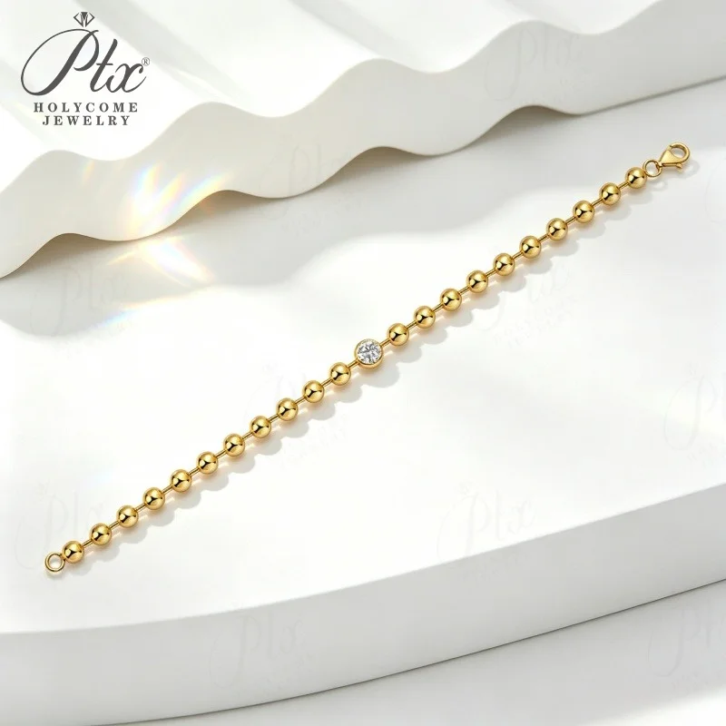 Moissanit-Armband, 925er Sterlingsilber, goldfarbene Perlenkette, 21 cm, elegantes Geschenk zum Geburtstag oder zum Jahrestag, feiner Schmuck von Holycome. – Detail 3