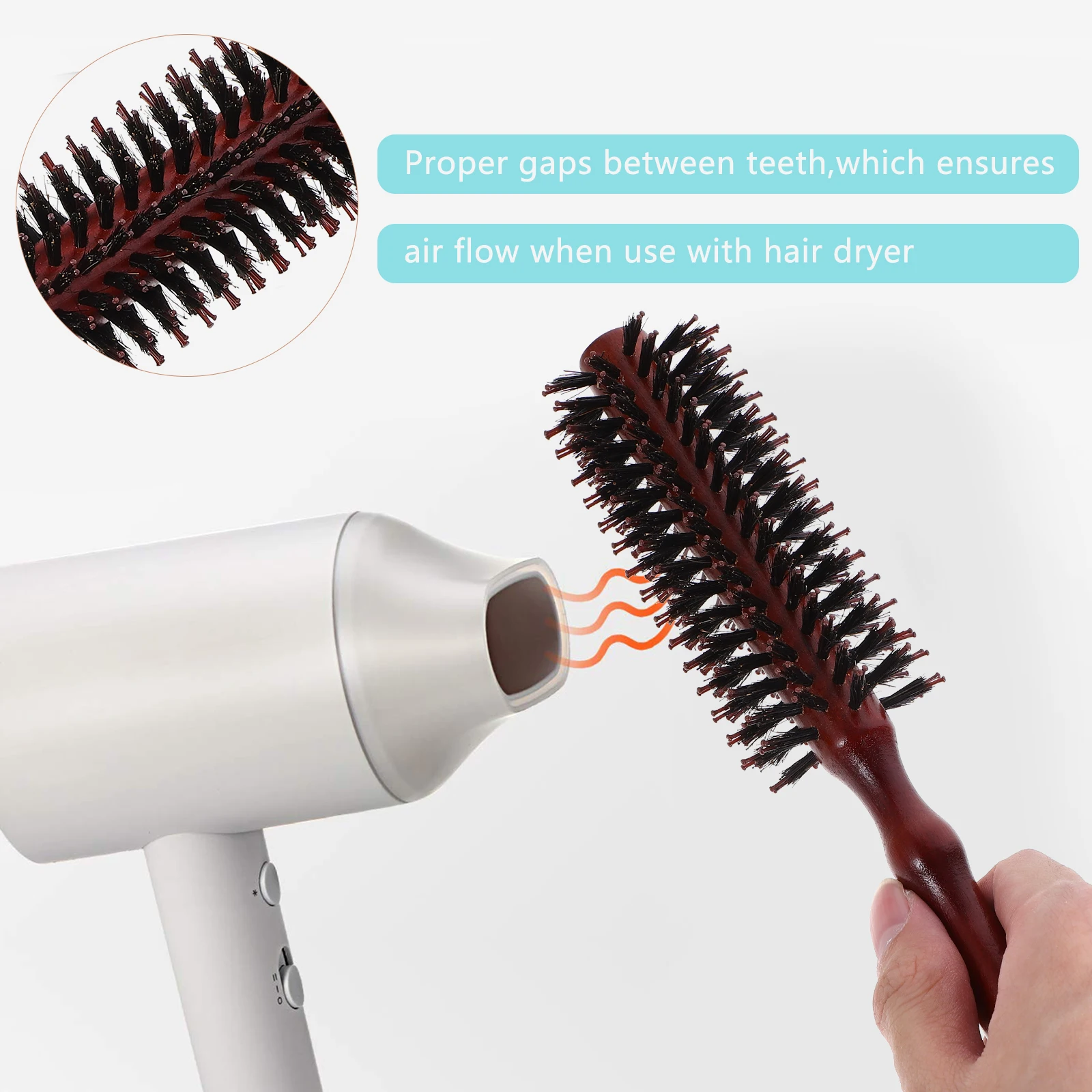

2pcs Bristle Comb Round Hair Brush Ergonomic Wooden Handle Detangle Curly Hair Natural Boar Heat Resistant Long Lasting