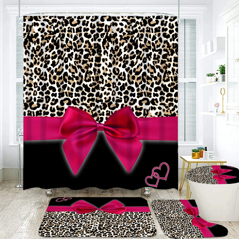 

Leopard Print Bow Waterproof Bath Shower Curtain Set Toilet Cover Non-Slip Bath Mat Rug Carpet Bathroom Decor Polyester Fabric