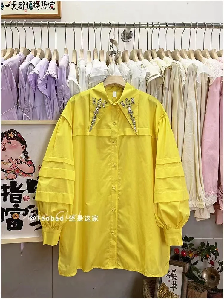 New In 2024 Autumn Diamonds Collar Loose Casual Cotton Shirts Blouses For Women Long Sleeve Buttons Up Mid-length Top Blusas