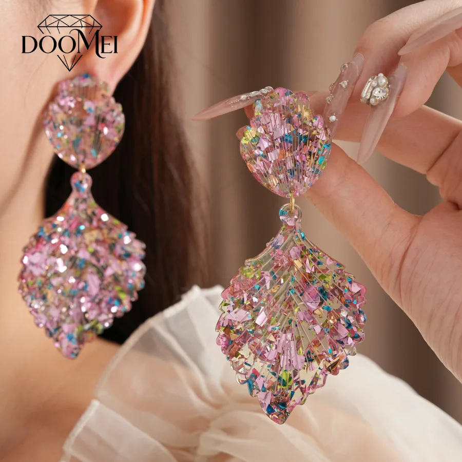 DOO MEI Sparkly Confetti Resin Leaf Dangle Earrings ForSequins Double Layer Drop Earrings Bohemian Holiday Party Beach Jewelry