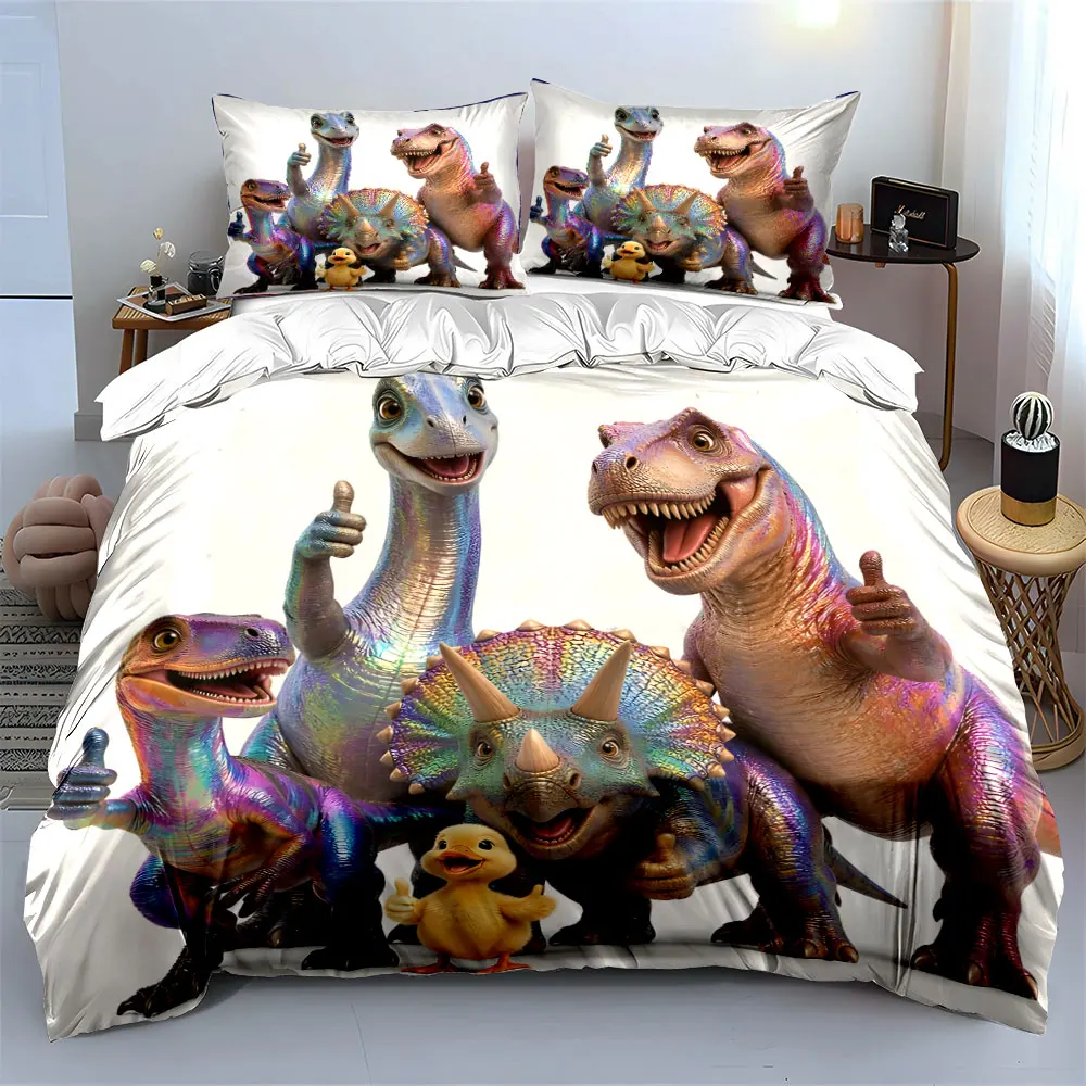 Colorful dinosaurs and duck group photo Printed Duvet Cover Set 1 Duvet Cover+2 Pillowcase Multi Size Bedroom Bedding Decor