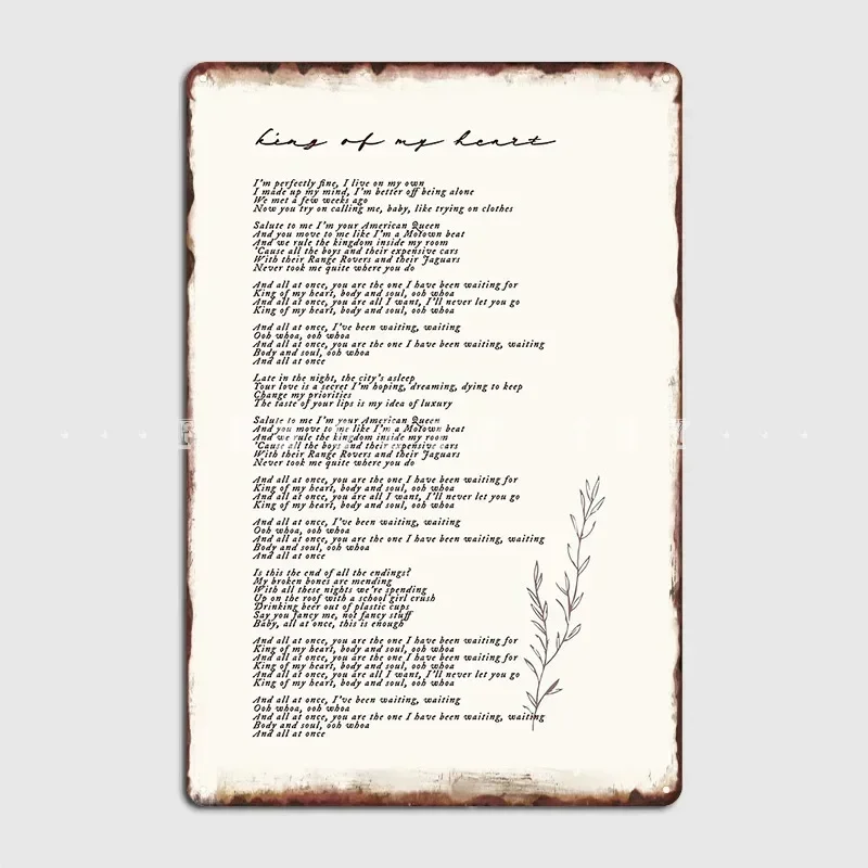 King Of My Heart Lyric Poster Metal Plaque Pub Mural Designing Mural Painting Tin Sign Poster