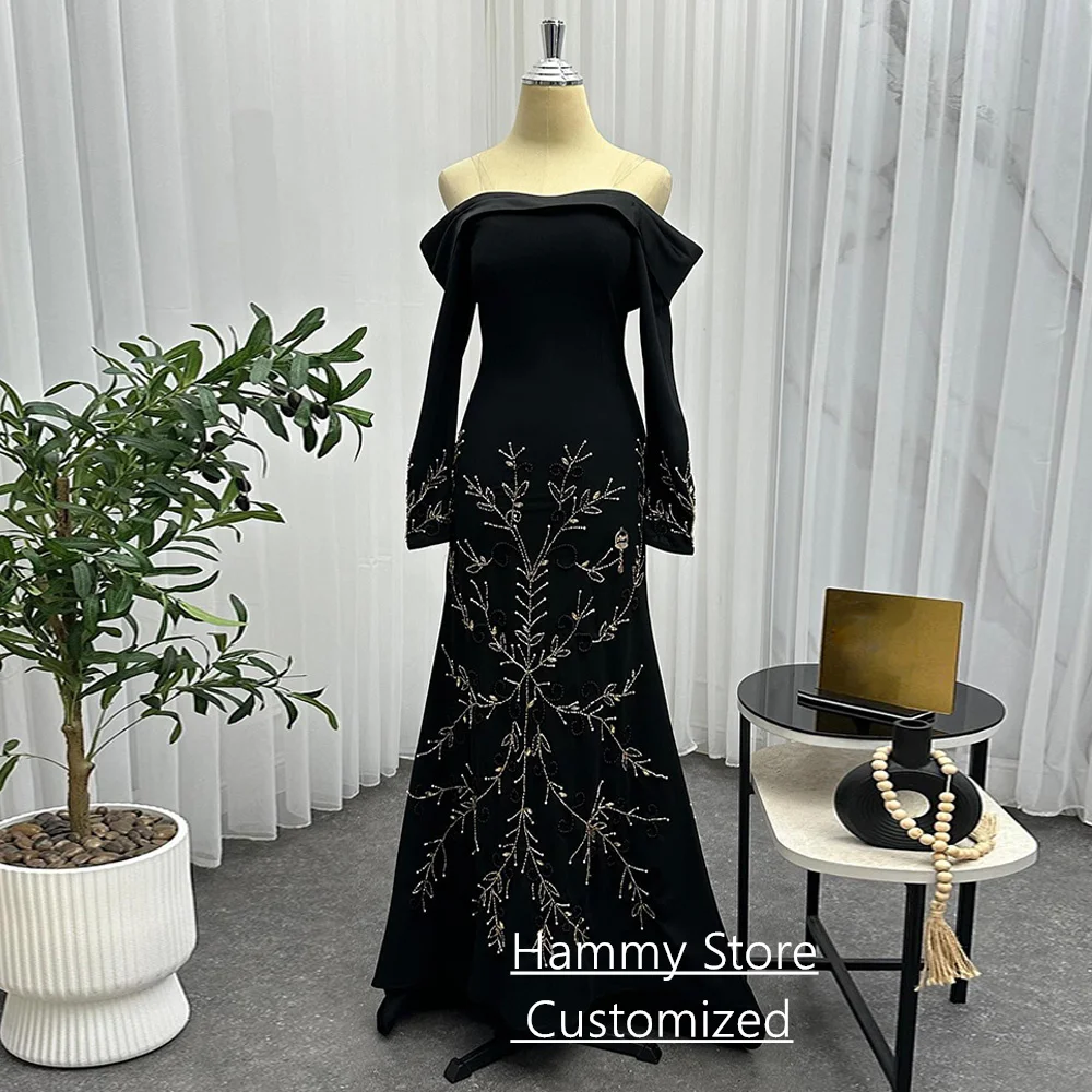 فستان سهرة بأكمام طويلة ورقبة قارب مخصص أنيق مطرز بالخرز ومطرز سويب تراين رداء De Soiree فستان حفلات عربي