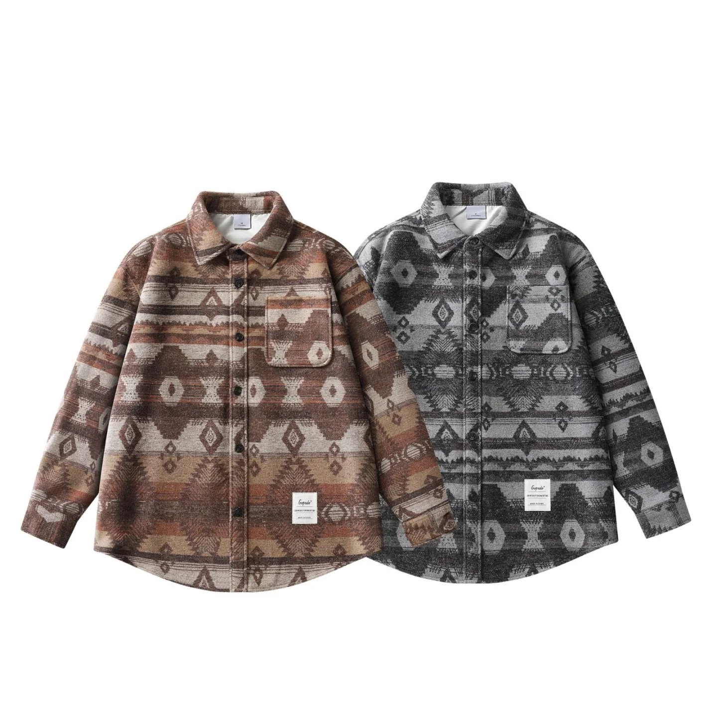 

Japanese Sle Thiened Retro Wool Pattern Men's Autumn Winter Long Sve Loose Fit irt with Khaki Coat Polyester Wool Blend