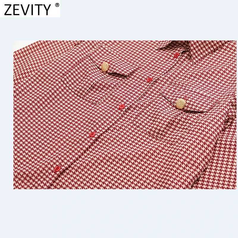 Zevity Women Vintage Red Houndstooth Print Patchwork Casual Smock Blouse Office Lady Pocket Patch Shirts Chic Blusas Tops LS9341