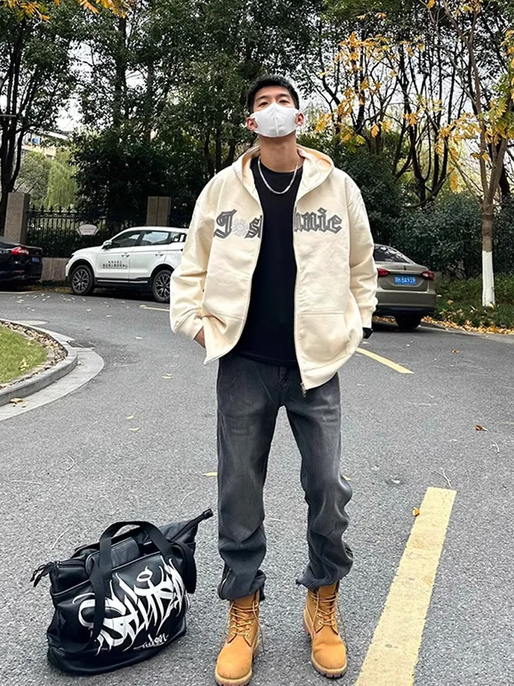 

American High Street Loose Straight Leg Jeans for Men Autumn Winter Trendy Brand Large Yellow Boots Matching Loose Jeans