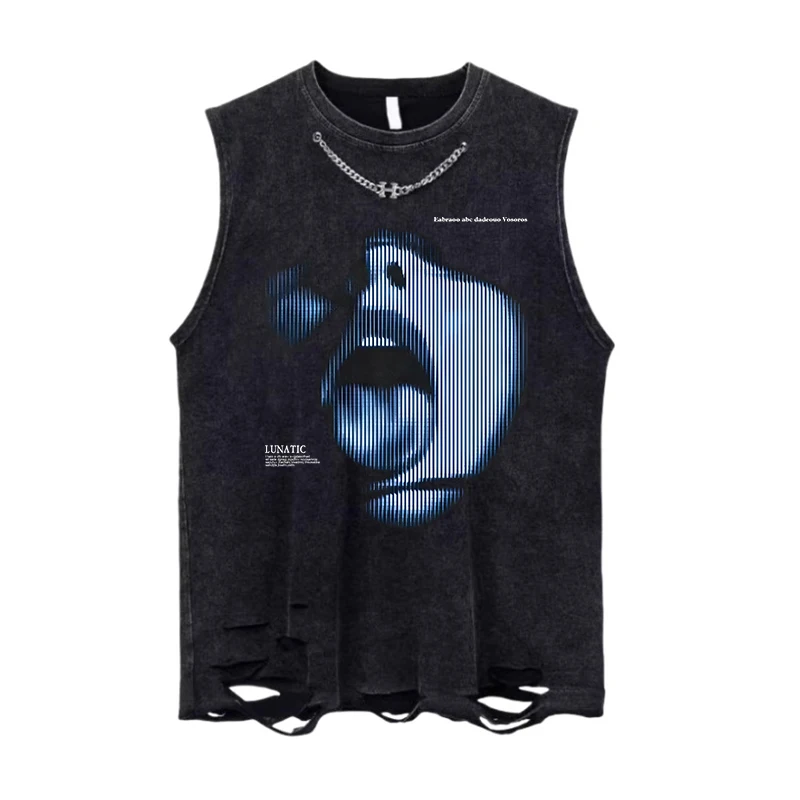 Y2K Men Clothing USA Style Street Spoof Print Cotton Vest Sleeveless T-shirt Summer Man Casual Sports Fitness Tank Top Techwear